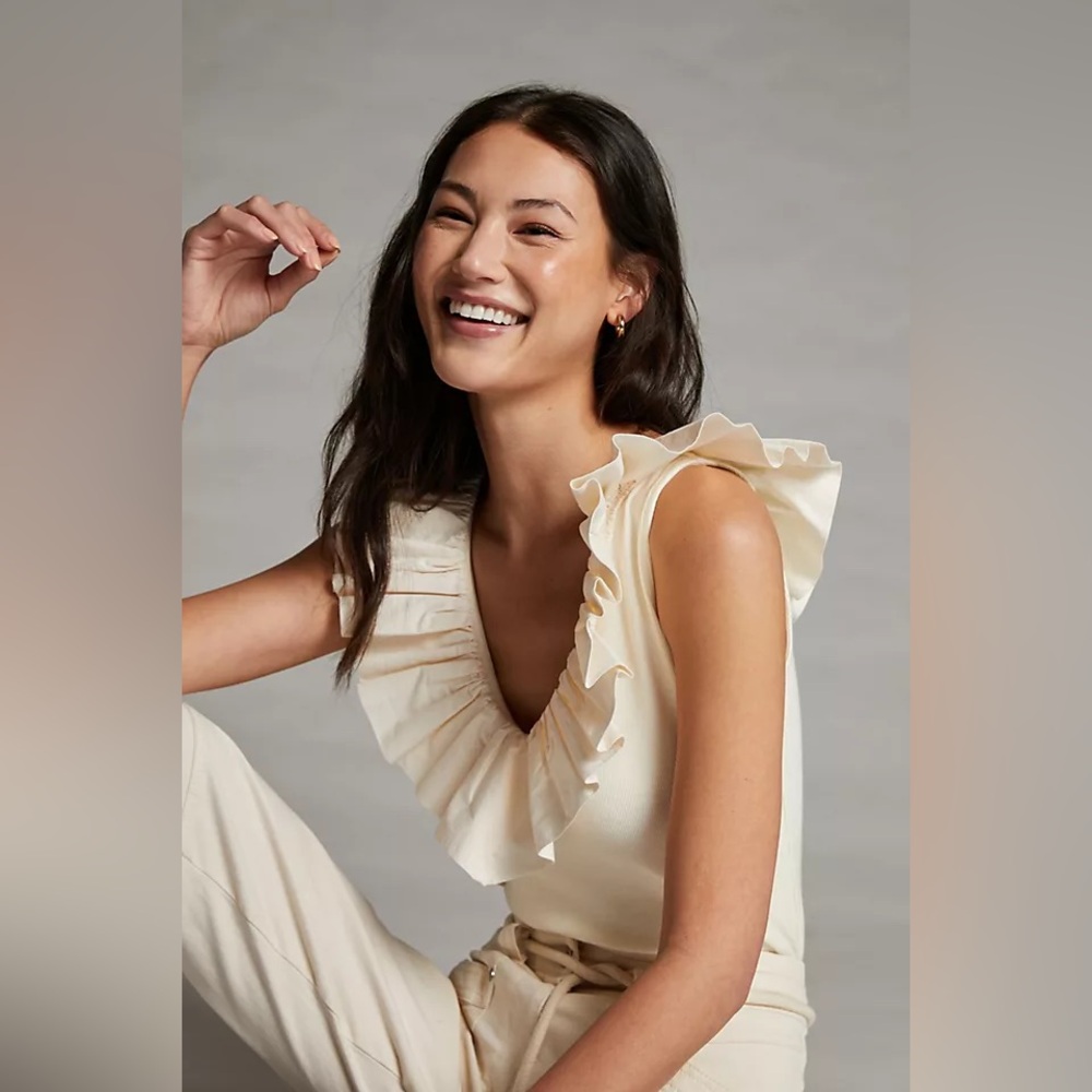 Anthropologie Cream Ruffle V-Neck Sleeveless Top